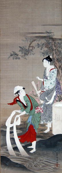 Twee schoonheden bij de Kristalrivier in Mishima door Kubo Shumman