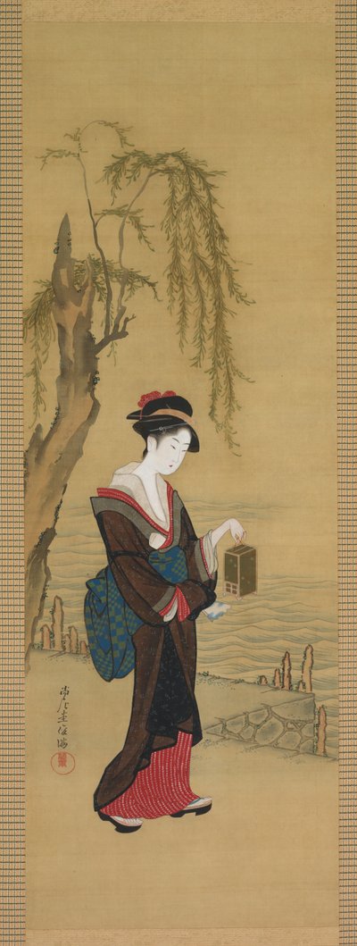 Schoonheid met vuurvliegjes, begin 1800 (inkt en kleur op zijde) door Kubo Shunman