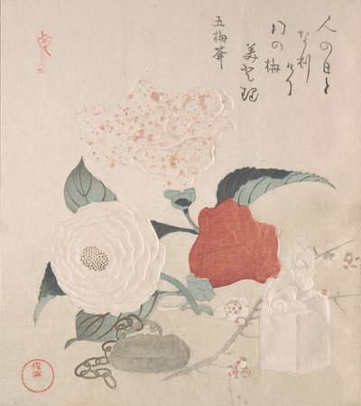Camellia bloemen, een netsuke en een zegel door Kubo Shunman