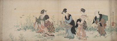 Vier meisjes en een dienaar genieten van wilde bloemen en vlinders door Kubo Shunman