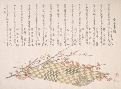 Pruimentakken met bloemen en een opgerolde mat door Kubo Shunman