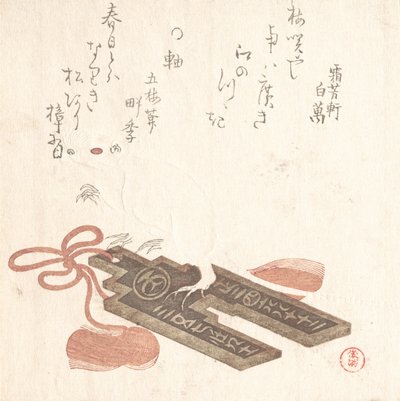Rat op een Fuchin, Ornament met een ontwerp van Egoyomi Pictorial Calendar, 1816 door Kubo Shunman