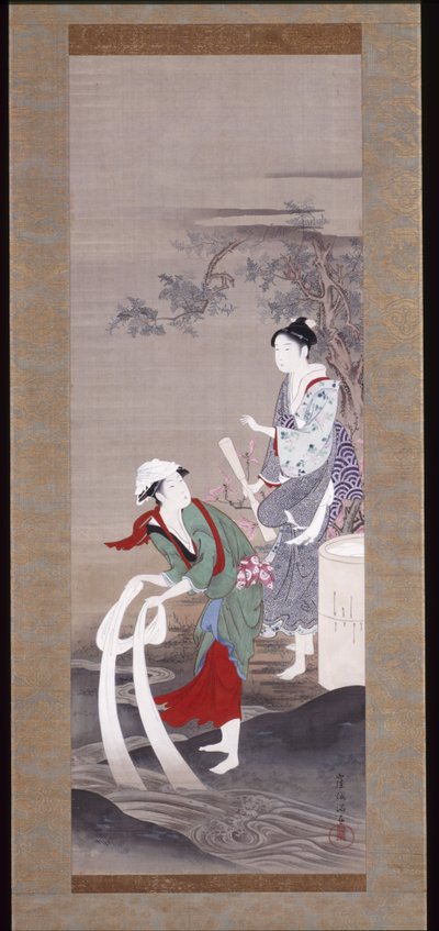 Twee schoonheden bij de Tamagawa (Kristalrivier) in Mishima door Kubo Shunman