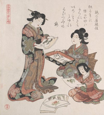 Twee vrouwen en een meisje die naar schilderijen kijken, waarschijnlijk 1815 door Kubo Shunman
