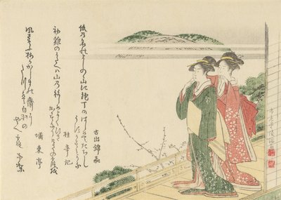 Twee jonge vrouwen op een veranda, 1796 door Kubo Shunman