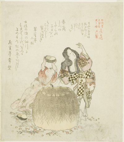 Vrouw en twee jongens die abalone verzamelen, uit de serie "Het Tosa Dagboek (Tosa nikki)" door Kubo Shunman