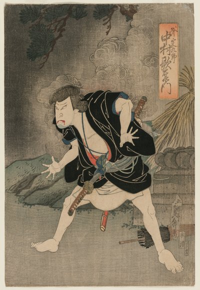 Nakamura Utaemon IV als Ono Sadakuro in Act V van Kanadehon Chushingura, Naka Theater, 1838 door Kunimasu Sadamasu