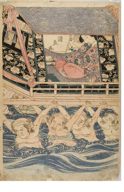 Lentescène van jonge vrouwen op reis, ca. 1786-1864 door Kuninaga Utagawa