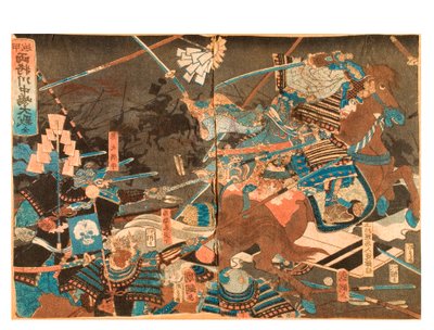 De Grote Slag bij Kawanakajima tussen Twee Generaals, c.1859-71 (houtsnede op papier) door Kuninaga Utagawa