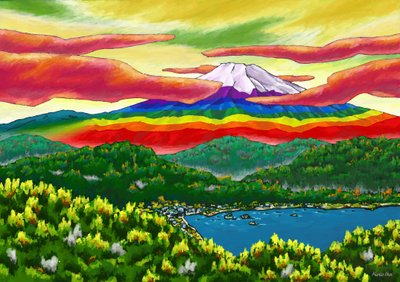 Regenboogkleurige Mt. Fuji voorbij de stad door Kunio Ota