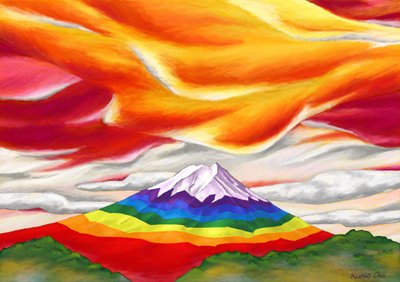 Regenboogkleurige Mt. Fuji omgeven door rood en oranje, 2023 door Kunio Ota