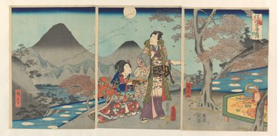De maan gereflecteerd in de rijstvelden van Shinano door Kunisada (II) , Utagawa