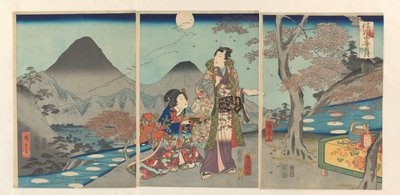 De maan gereflecteerd in de rijstvelden van Shinano door Kunisada (II) , Utagawa
