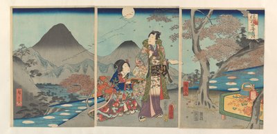 De maan gereflecteerd in de rijstvelden van Shinano door Kunisada (II) , Utagawa