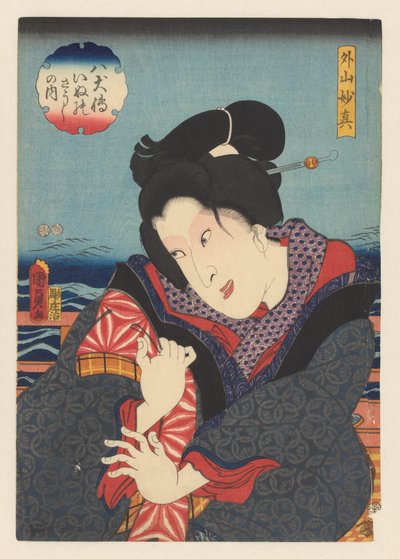 Sotoyama Myôshin op balkon bij rivier, Sotoyama Myôshin (titel op object), Biografieën van de Acht Hondenhelden (serie titel op object) door Kunisada (II) , Utagawa