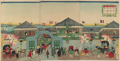 Afbeelding van de welvaart van handelsvestigingen langs Nakadouri in Yokohama, Meiji-periode, 1870 door Kuniteru II Utagawa