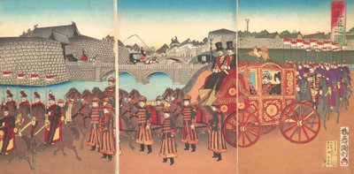 Zicht op de keizerlijke koets, 1889 Meiji 22, 1889 door Kunitoshi