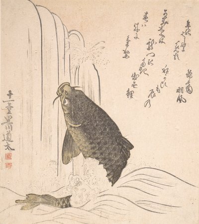 Karpers Proberen een Waterval op te Zwemmen, waarschijnlijk 1820 door Kurokawa Michita