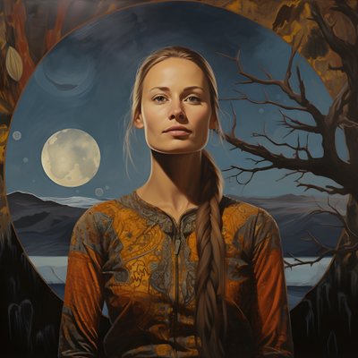 35-jarige Sami-vrouw met maansikkel, mysterieuze glimlach, gezicht en lichaam licht afgewend, lang blond haar 3 door Kurt Heppke