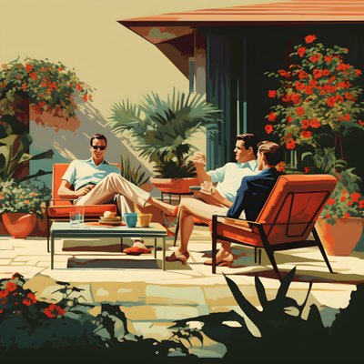 3 vrienden ontspannen in de tuin met een of twee drankjes 2 door Kurt Heppke
