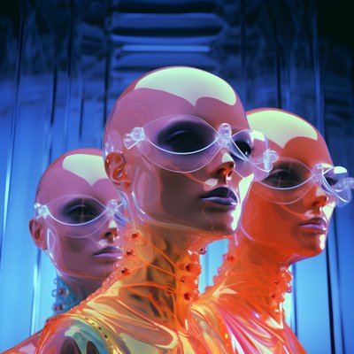 6 vrouwen met 3D parametrische fluorescerende plastic maskers in een surrealistische en parametrische toekomstarchitectuur, 1 door Kurt Heppke