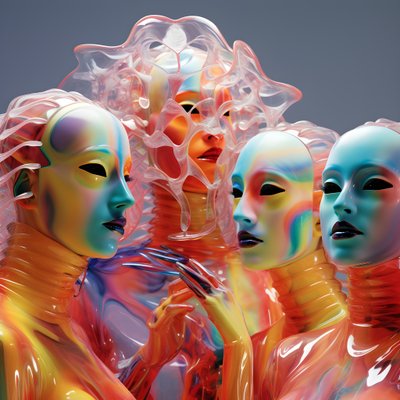 6 vrouwen met 3D parametrische fluorescerende plastic maskers in een surrealistische en parametrische toekomstarchitectuur, 2 door Kurt Heppke