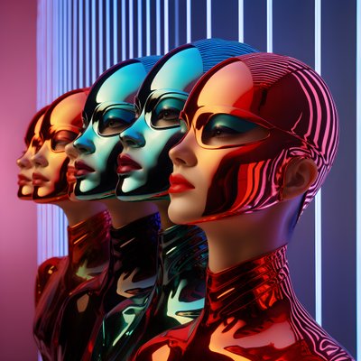 6 vrouwen met 3D parametrische fluorescerende plastic maskers in een surrealistische en parametrische toekomstarchitectuur, 3 door Kurt Heppke