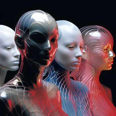 6 vrouwen met 3D parametrische fluorescerende plastic maskers in een surrealistische en parametrische toekomstarchitectuur, 4 door Kurt Heppke