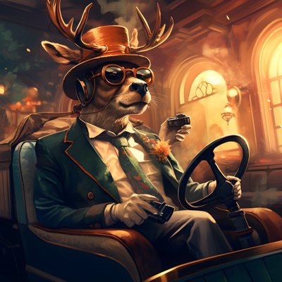 Een hert met een sigaar in zijn mond die een cabriolet bestuurt 3 door Kurt Heppke