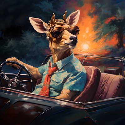 Een hert met een sigaar in zijn mond die een cabriolet bestuurt 4 door Kurt Heppke