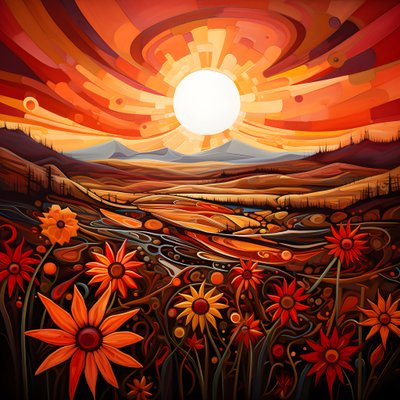 Abstract landschap met een veld wilde bloemen en een gedurfde rode zon 4 door Kurt Heppke