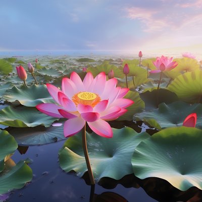 Op het heldere wateroppervlak bloeien grote en mooie lotus bloemen, groene lotusbladeren en dauw op de lotus bloemen. De zonsondergang schijnt op het wateroppervlak 1 door Kurt Heppke