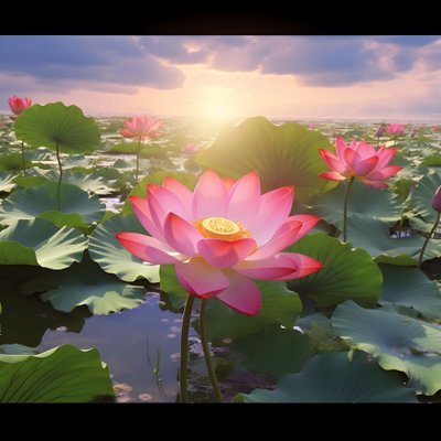 Op het heldere wateroppervlak bloeien grote en mooie lotus bloemen, groene lotusbladeren en dauw op de lotus bloemen. De zonsondergang schijnt op het wateroppervlak 3 door Kurt Heppke
