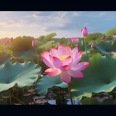 Op het heldere wateroppervlak bloeien grote en mooie lotus bloemen, groene lotusbladeren en dauw op de lotus bloemen. De zonsondergang schijnt op het wateroppervlak 4 door Kurt Heppke