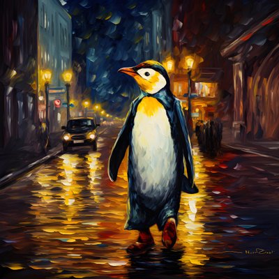 een pinguïn in een pak loopt over straat door Kurt Heppke