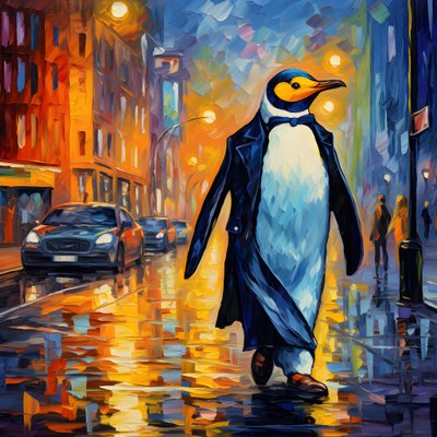 een pinguïn in een pak loopt over straat door Kurt Heppke