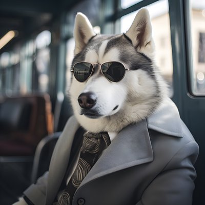Een Siberische Husky hond in pak en met zonnebril bij het busstation, als een heer door Kurt Heppke