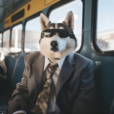 Een Siberische Husky hond in pak en met zonnebril bij het busstation, als een heer door Kurt Heppke