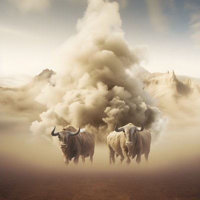 Een fractaal abstract canvas schilderij, beige-witte rooktextuur. 3 zwarte stieren die uit de rook verschijnen, met de berg Ararat aan de horizon. Houdingen herinneren aan stieren op Wall Street in New York. door Kurt Heppke
