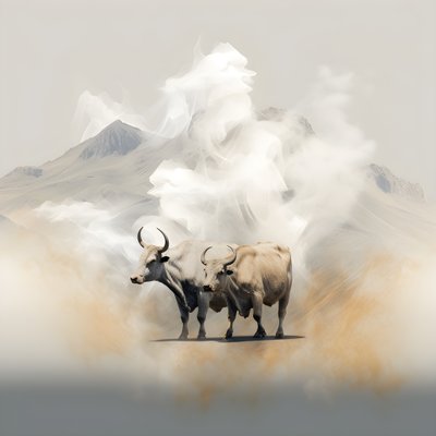 Een fractaal abstract canvas schilderij, beige-witte rooktextuur. 3 zwarte stieren die uit de rook verschijnen, met de berg Ararat aan de horizon. Houdingen herinneren aan stieren op Wall Street in New York. door Kurt Heppke
