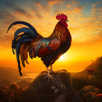 Een kraaiende haan bij zonsopgang 1 door Kurt Heppke