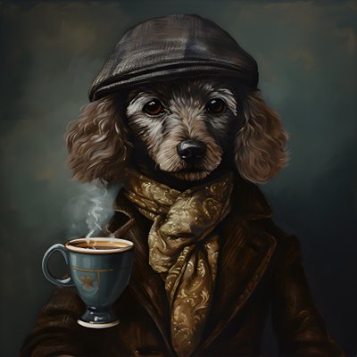 Een gecultiveerde poedel drinkt een kopje thee, draagt een coltrui en een platte pet, rokerige achtergrond 1 door Kurt Heppke