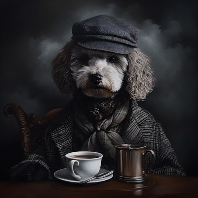 Een gecultiveerde poedel drinkt een kopje thee, draagt een coltrui en een platte pet, rokerige achtergrond 2 door Kurt Heppke