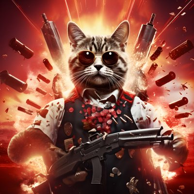 film poster van een kat die een zwart-wit gestippeld shirt en een glanzende zonnebril draagt, met explosies en kanonnen op de achtergrond door Kurt Heppke