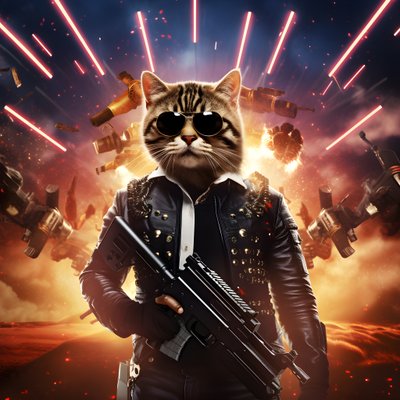 film poster van een kat die een zwart-wit gestippeld shirt en een glanzende zonnebril draagt, met explosies en kanonnen op de achtergrond door Kurt Heppke