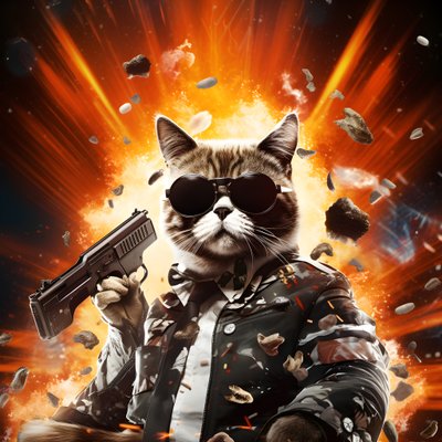 film poster van een kat die een zwart-wit gestippeld shirt en een glanzende zonnebril draagt, met explosies en kanonnen op de achtergrond door Kurt Heppke