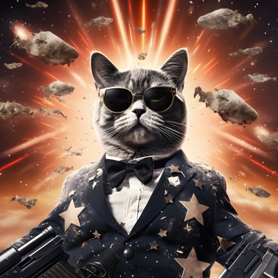 film poster van een kat die een zwart-wit gestippeld shirt en een glanzende zonnebril draagt, met explosies en kanonnen op de achtergrond door Kurt Heppke