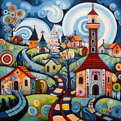 Schilderij van een Bulgaars dorp, orthodoxe kerk 1 door Kurt Heppke