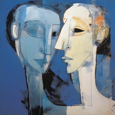 Schilderij van twee hoofden voor blauwe achtergrond 1 door Kurt Heppke