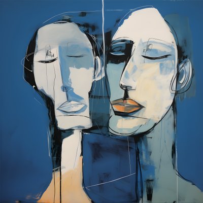 Schilderij van twee hoofden voor blauwe achtergrond 2 door Kurt Heppke